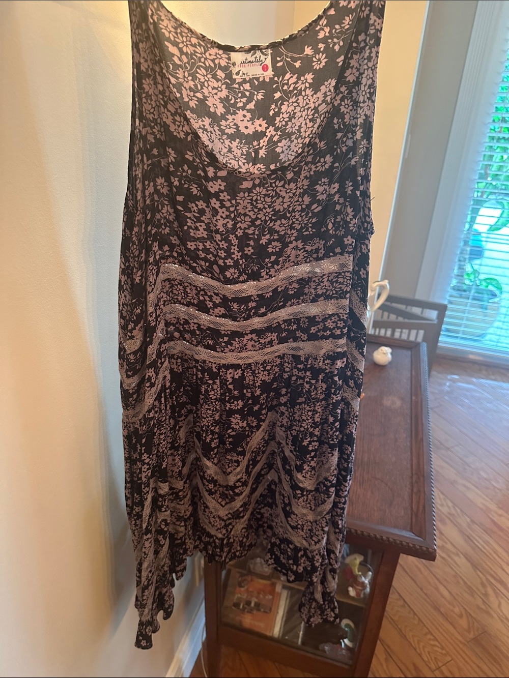Altar'd State Black Floral Asymmetrical Tiered Midi Skirt with Pink Accents